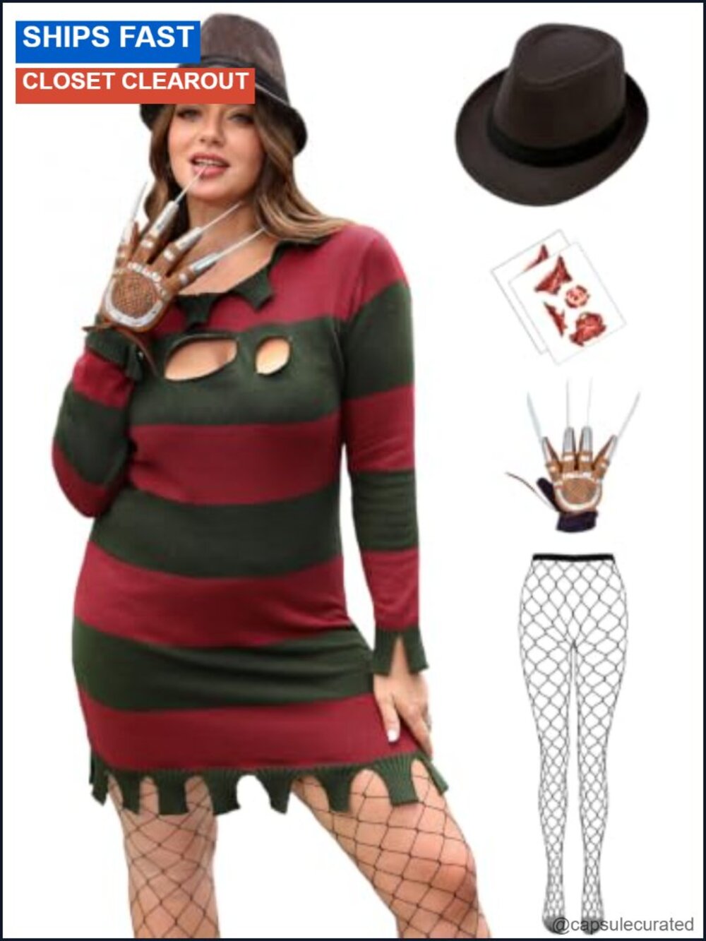 Plus Size Halloween Striped Knit Sweater Dress Set with Gloves and Hat